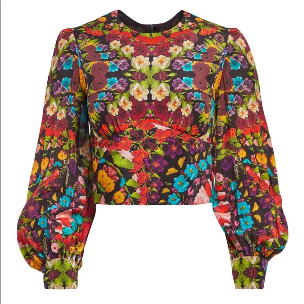 ALICE + OLIVIA Quilla Floral Silk Crop Top - Picture 2 of 12